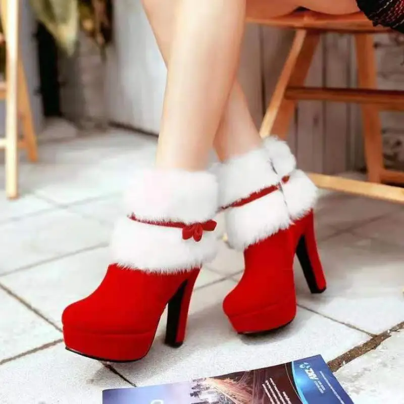 Winter Women's Boots Christmas Ankle Boots High Heels Women's Shoes Ladies Warm Short Boots Red Black Shoes Plus Size 35-43