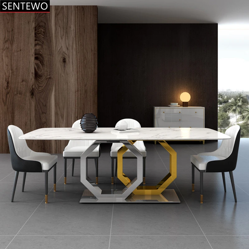 

SENTEWO Luxury Ltalian Marble Dining Table With 6 Chairs Set Stainless Steel Gold Silver Dual Color Tables Mesa Com 4 Cadeiras
