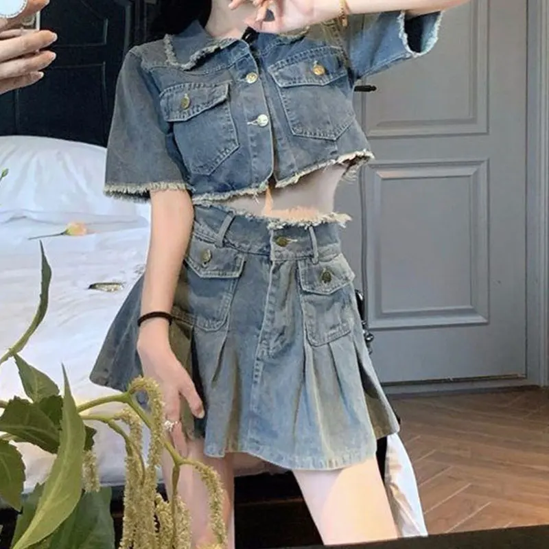 Vintage Washed Rust Short Shirt Denim Suit Women's Summer High Waist Skirt Short Skirt 2 Piece