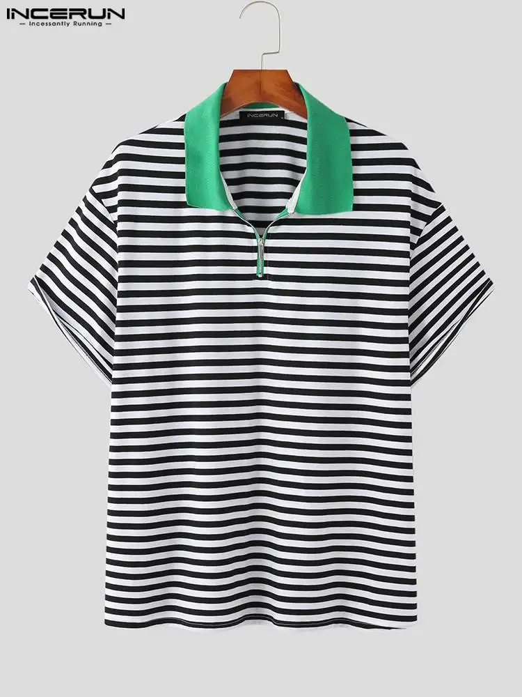 Casual All-match Tops INCERUN Korean Style New Men Knitted Striped Contrast Collar Blouse Stylish Male Short Sleeve Shirts S-5XL