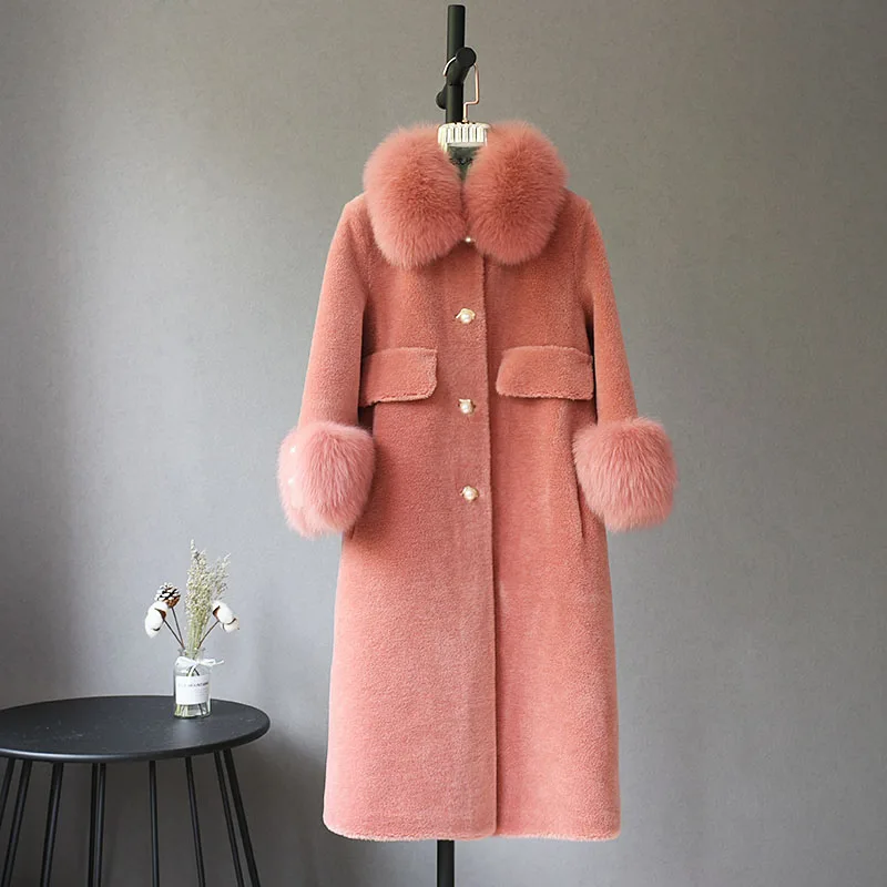 Women 100% Wool Jacket Long Real Fur Coat Winter Jacket Natural Fox Fur Collar And Sleeve Cuff Outerwear Fashion Overcoat