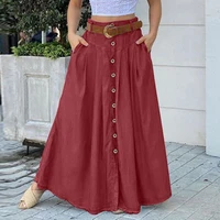 women casual skirts summer fashion a line long skirts solid pockets vintage loose button simple elegant bottoms female clothing