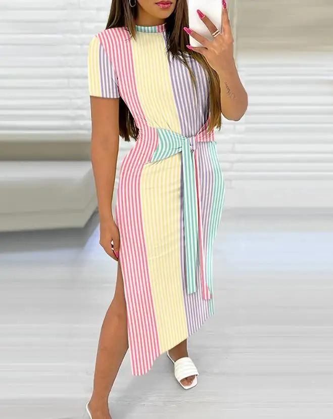 

Dresses for Women 2023 Summer New Leisure Fashion Striped Colorblock Knotted Side Slit Casual Dress Simple Daily Life