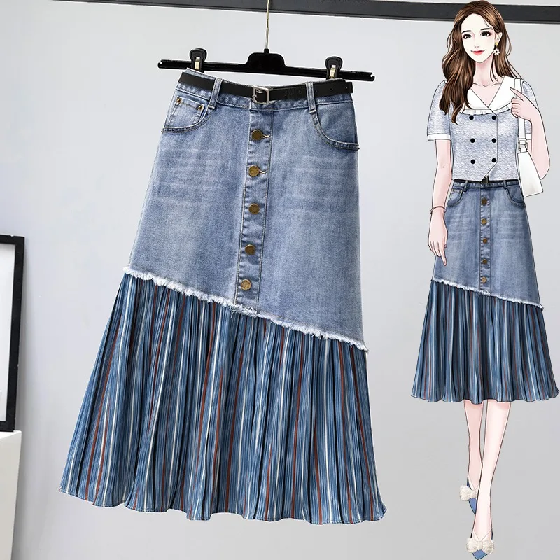 

2023 Spring Autumn Denim Skirt Women's Clothing Retro Large Size Cowboy Skirts High Waist Patchwork A line Jeans Skirts AC160