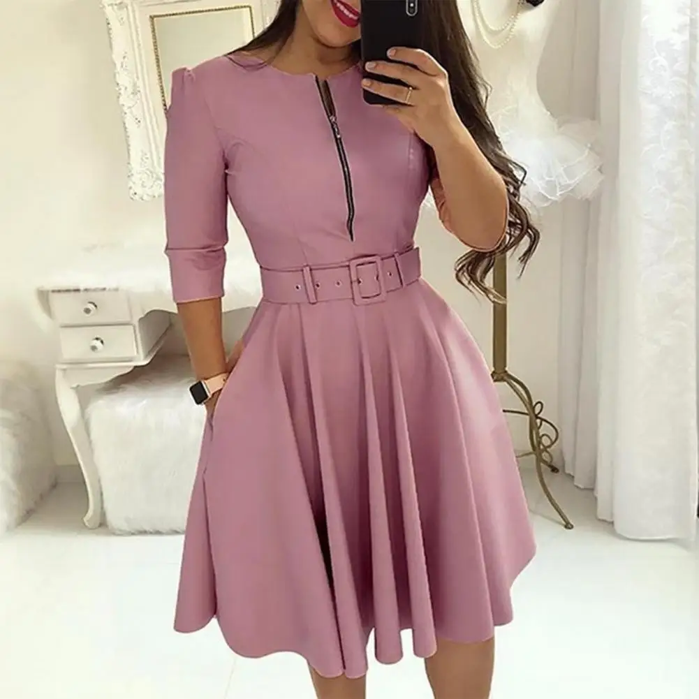 

Women Dress Casual Solid Color with Belt Tight Waist A-line Dress-up Knee Length Zipper Lady Fall Dress Female Clothes
