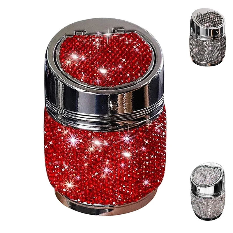 

Auto Car Ashtray, Smokeless Stainless Portable Bling Crystal Cylinder Cup Holder with Lid for Car Truck SUV Office