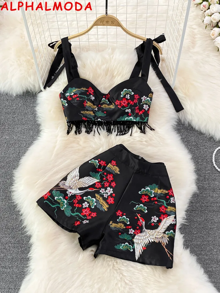 

ALPHALMODA 2022 Beaded Tassel Croped Tank Top + Hot Shorts Women Chic Summer 2pcs Suit Vintage Floral Printed 2pcs Suits