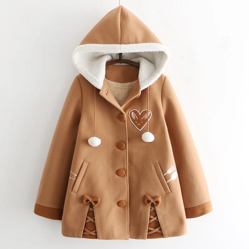 

2022 Cute Soft Girl Hooded Autumn and Winter Dress New Love Rabbit Bowknot Medium Long Woolen Coat