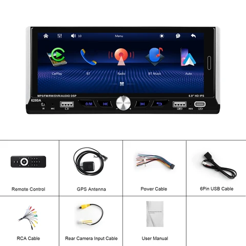 Автомагнитола Camecho Carplay, 1 Din, Android, 6,9 дюйма, 2.5D IPS экран, Android 13, мультимедийный плеер, 2 + 64 ГБ, 1Din Авторадио, GPS, стерео