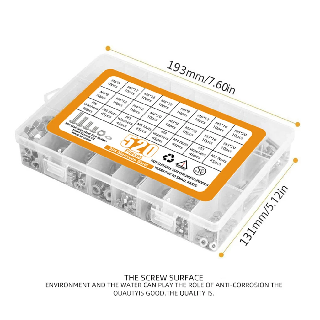 

520 Pieces Box Hexagon Screw Screws Fastener Repairing Metalworking