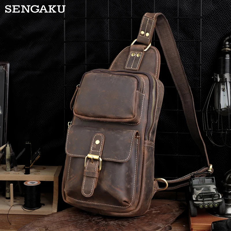 Retro Genuine Leather Men's Shoudler Chest Bag Large Capacity Business Cross Body Bag For Male Portable Travel Messenger Bag