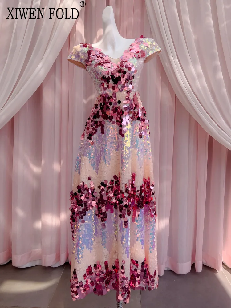 XIWEN лоскутное платье с блестками контрастного цвета без рукавов высокой талией