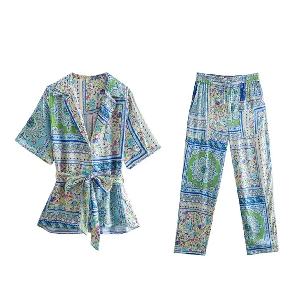 

PB&ZA summer new women's European and American V-neck belted printed blouse + high waist casual straight trousers 3198/248