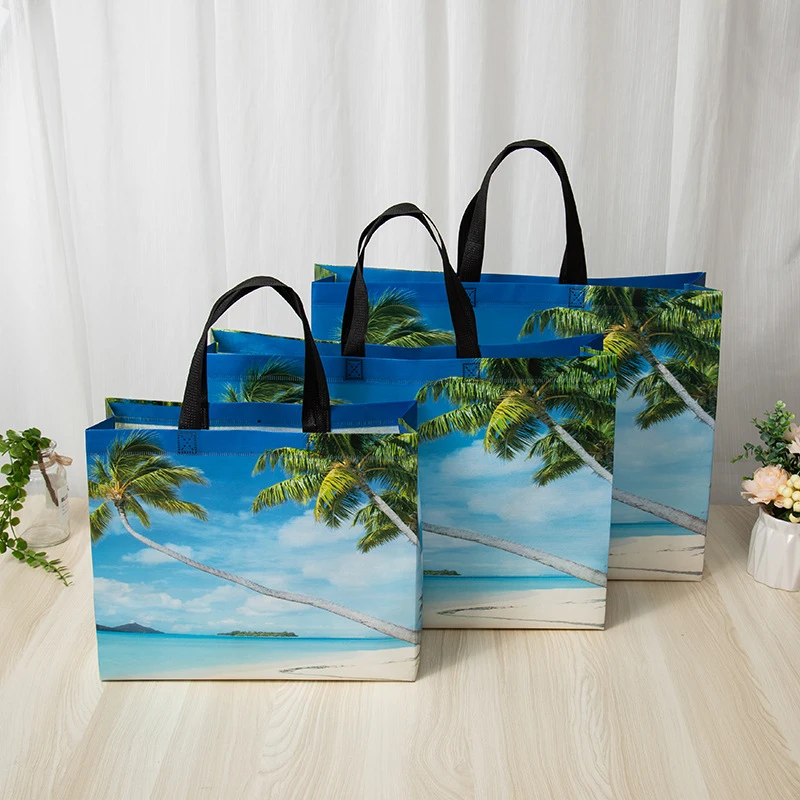 

1PC Grocery Bag Casual Shopping Pouch Film Coated Non-woven Fabric Waterproof Coconut Printing Takeaway Bag Wholesale