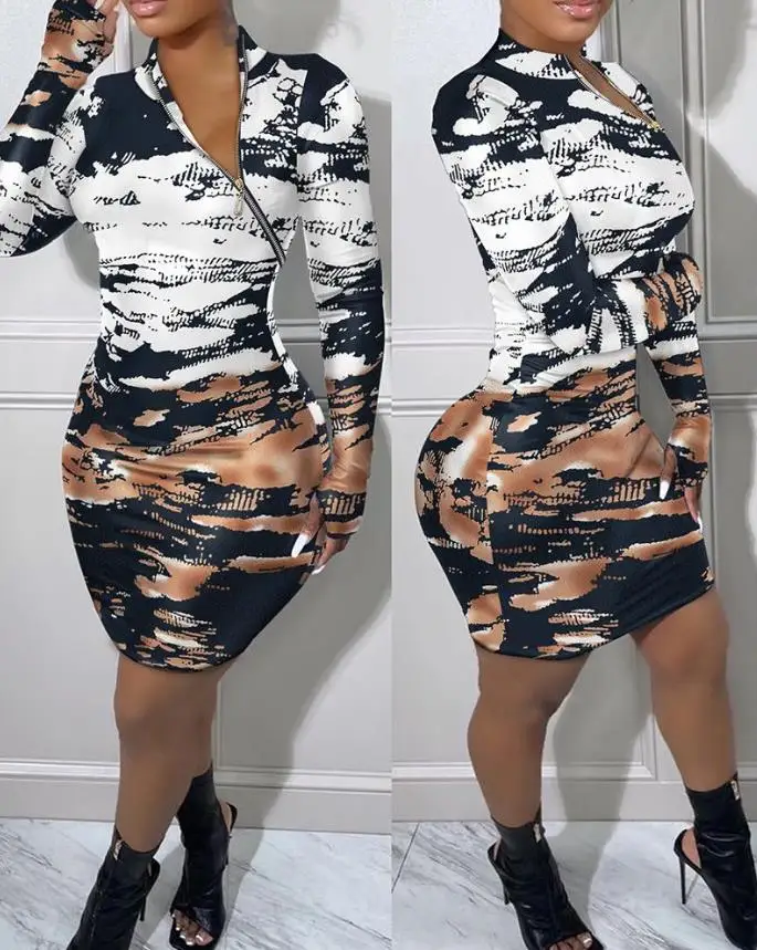 

Tie Dye Print Zip Detail Long Sleeve Bodycon Dress