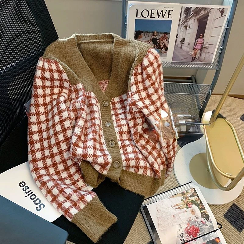

Женский вязаный кардиган в клетку, повседневный Свободный кардиган в Корейском стиле с V-образным вырезом, Осень-зима 2023