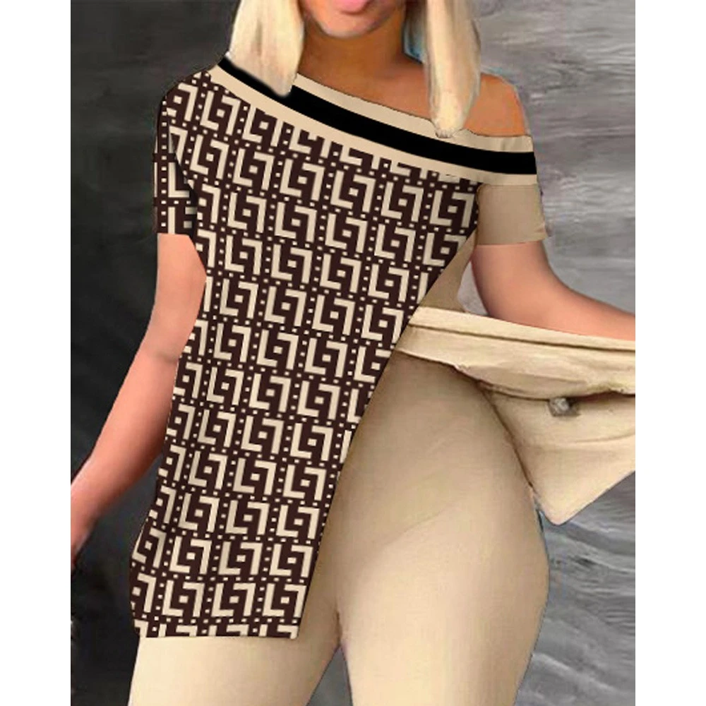 2023 Women's New Summer Fashion Geometric Print Plus Size Short Sleeve Split Hem Oblique Tops & Pants Set Femme Casual Suit Sets