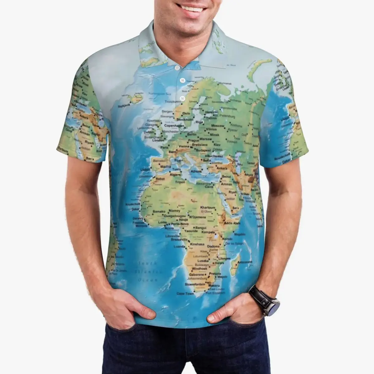 Рубашка-поло мужская с рисунком карты мира Повседневная рубашка коротким