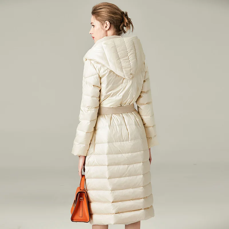Winter long white duck down jacket women's hooded padded coat