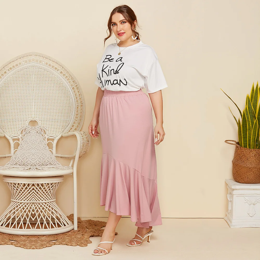 Plus Size Two Piece Set Women Short Sleeved Letter Printed T Shirt Top Solid Color Loose Pleated Skirt Casual  Skirt Suits
