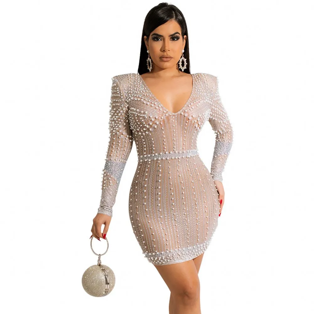 

V-neck Mwsh See-through Women Dress Party Night Clubwear Bag Hip Hot Diamond Bubble Bead Fashion Sexy Dress Mini Vestidos