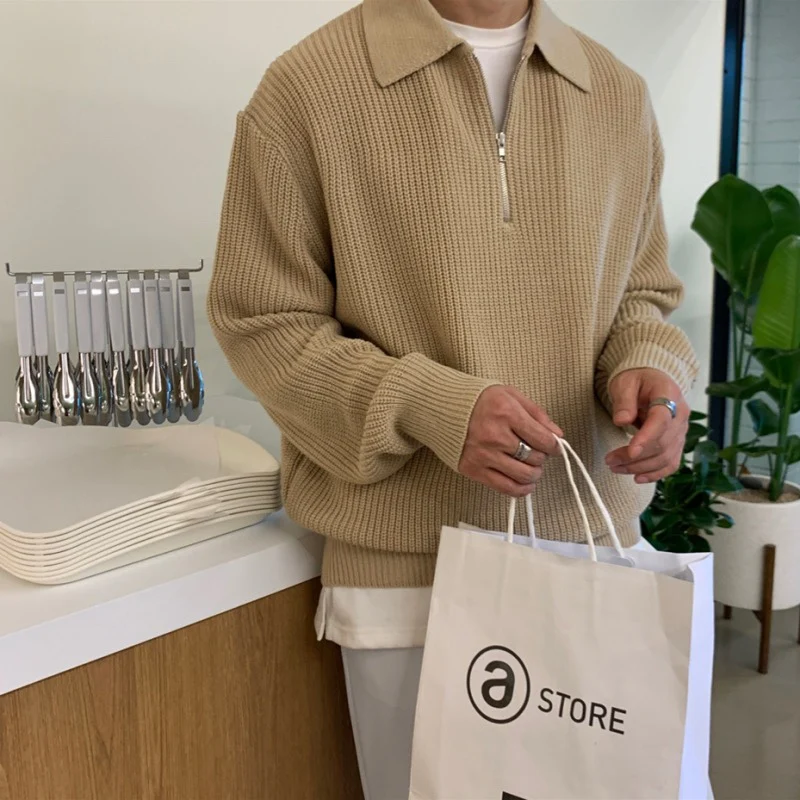 

Мужской шерстяной свитер с отложным воротником, свободный кашемировый вязаный пуловер с длинными рукавами и молнией, 3 цвета, одежда для пар, зима 2023