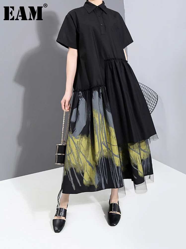 

[EAM] Women Black Pattern Printed Mesh Big Size Dress New Lapel Short Sleeve Loose Fit Fashion Spring Summer 2022 1T862