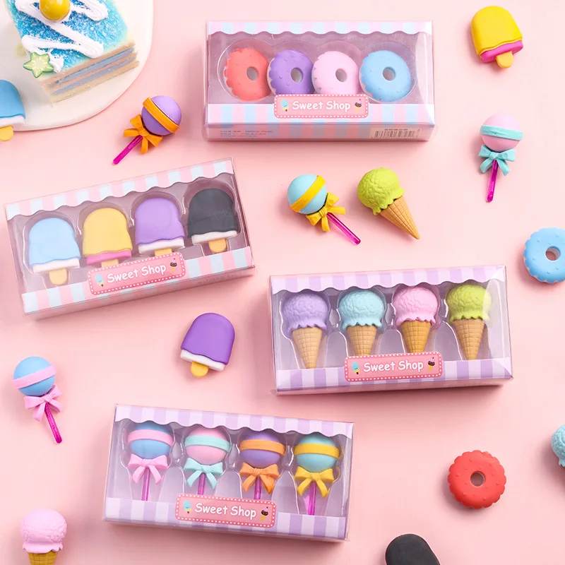 

4pcs Cute Dessert Erasers Set Lollipop Icecream Donuts Rubber Pencil Eraser for Kids Kawaii Stationery School Office Supplies