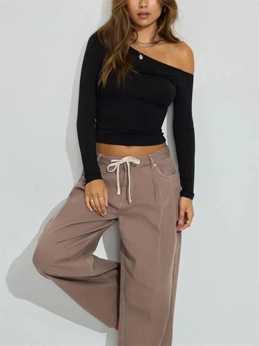 Women T-shirt Long Sleeve Oblique Neck Twisted Solid Fit Ladies Tops Streetwear