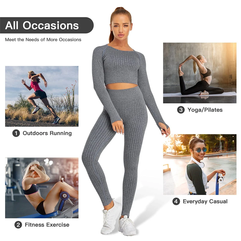 Women Seamless Yoga Set Long Sleeve Workout Outfits Gym Clothes Fitness Crop Tops Hight Waist Leggings Stripe Rompers Sportswear