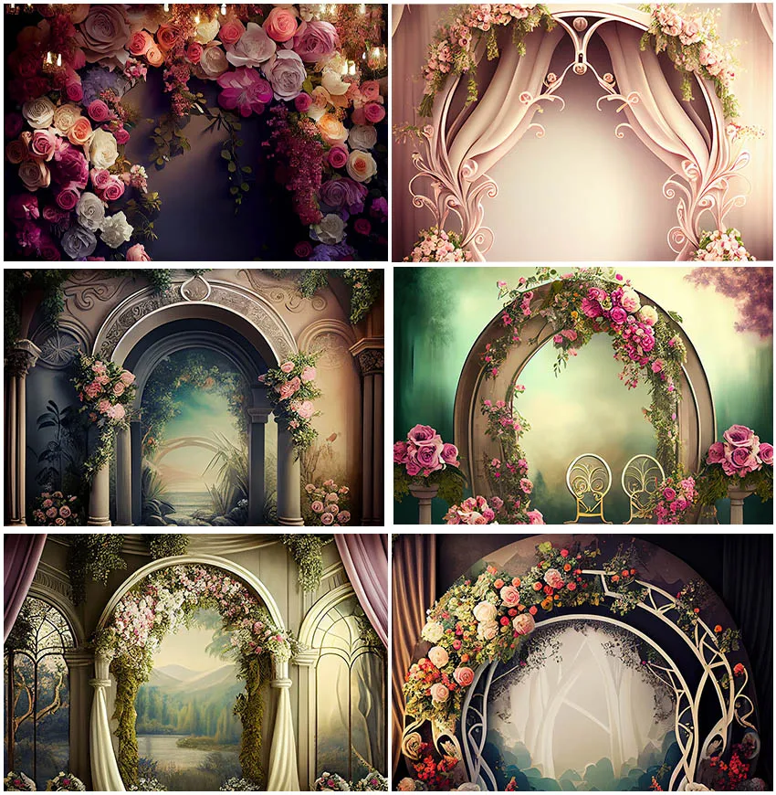 

Flowers Wedding Arched Door Backdrops Photographic Floral Bride And Groom Engagement Ceremony Backgrounds Family Portrait Props
