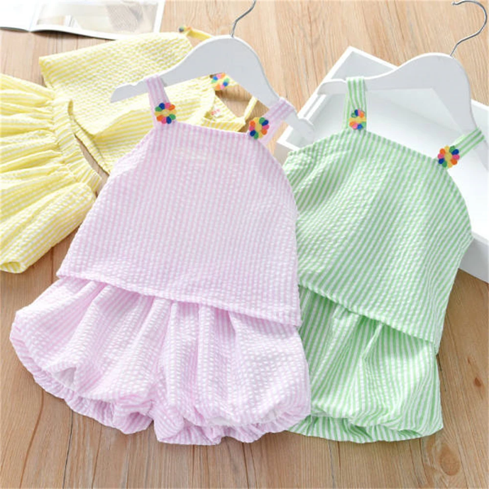 

PopReal Fashion Popular 2 Pieces for Toddlers and Girls Striped Print Halter Pink T-shirt and Shorts Set Children's Sets 1-6y