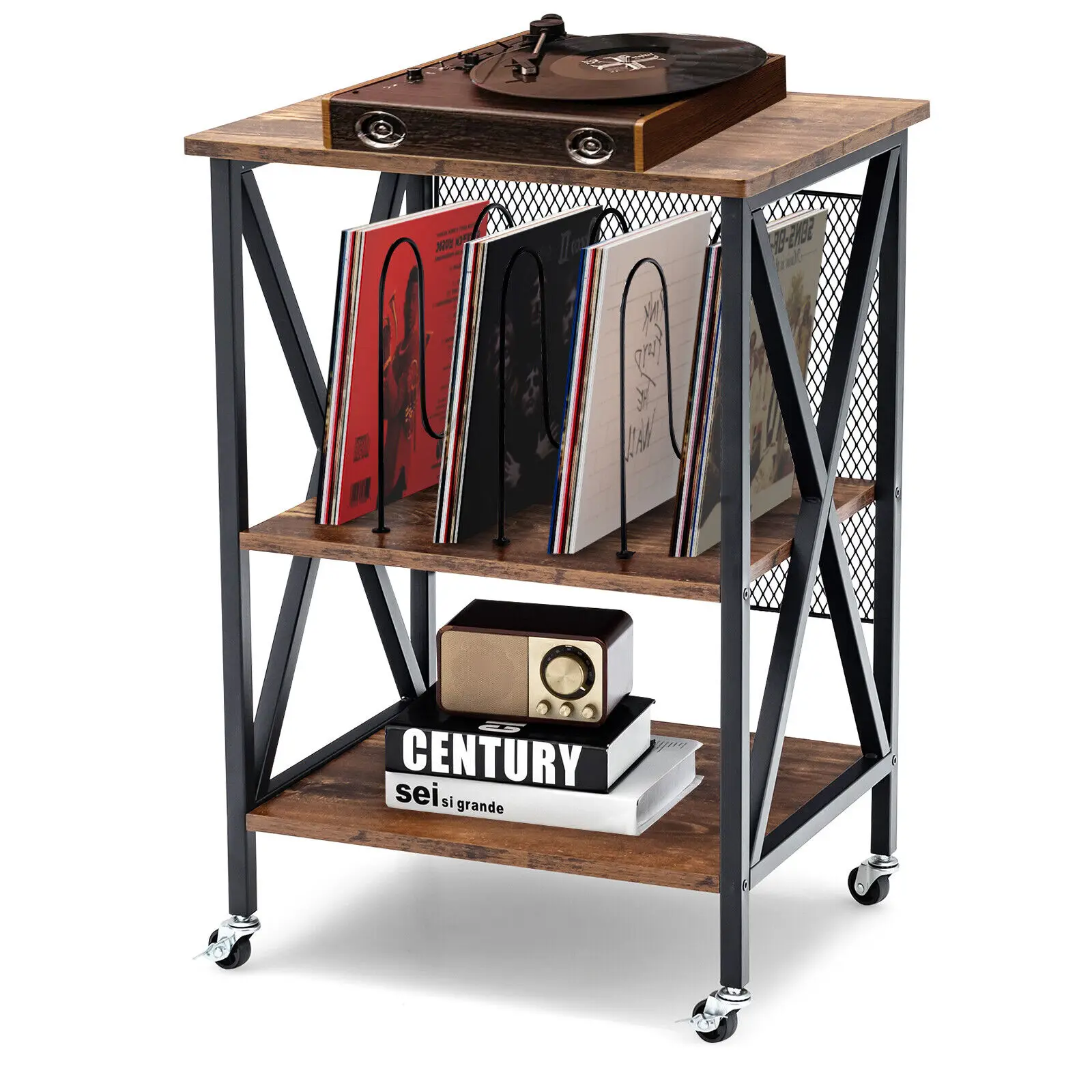 

Costway 3-tier Rolling Turntable Stand Vinyl Record Storage Shelf w/3 Dividers & Wheels