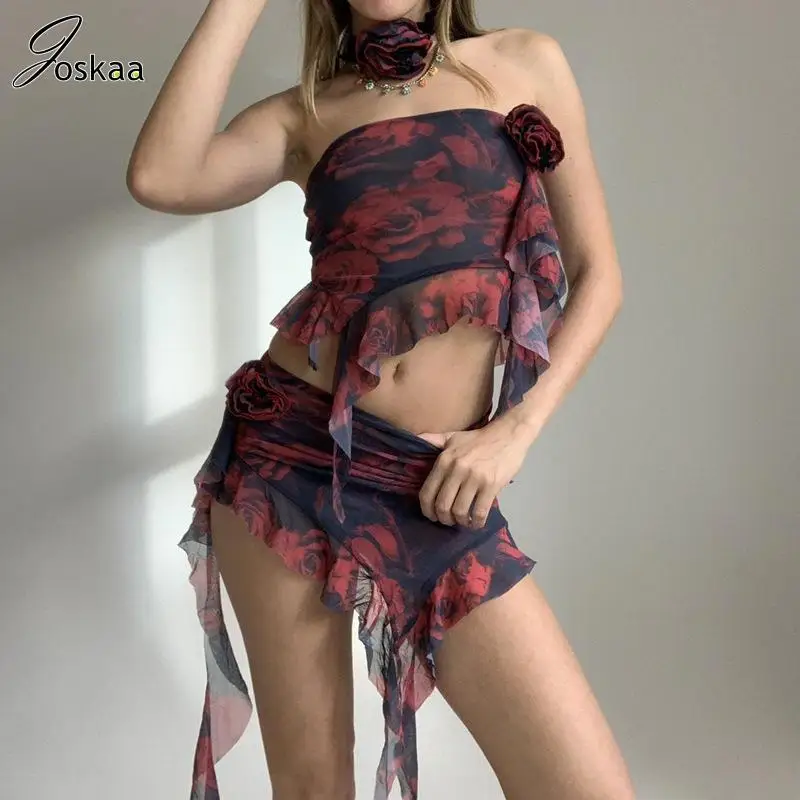 

Joskaa Prints Asymmetry Ruffles Fashion 3D Flower Off Collar Tank Top and Mini Skirt Matching 2023 Beach for Women Clothes