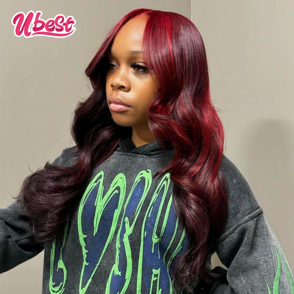 Красный с коричневым цветным 13X6 телесная волна прозрачный кружевной передний