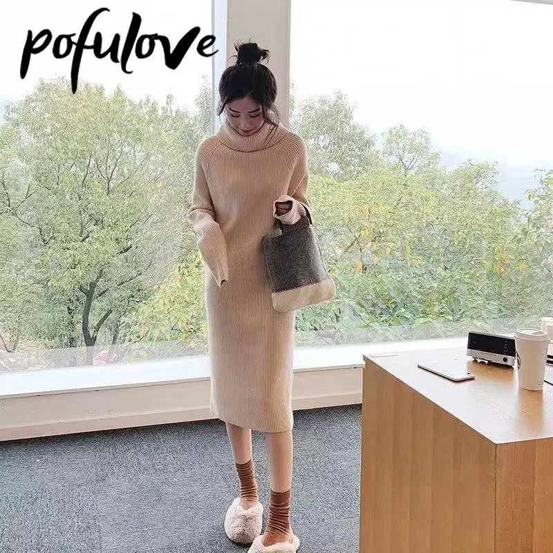 

Женское платье-свитер до колен, однотонная свободная утепленная юбка средней длины с высоким воротником, Осень-зима, оптовая продажа