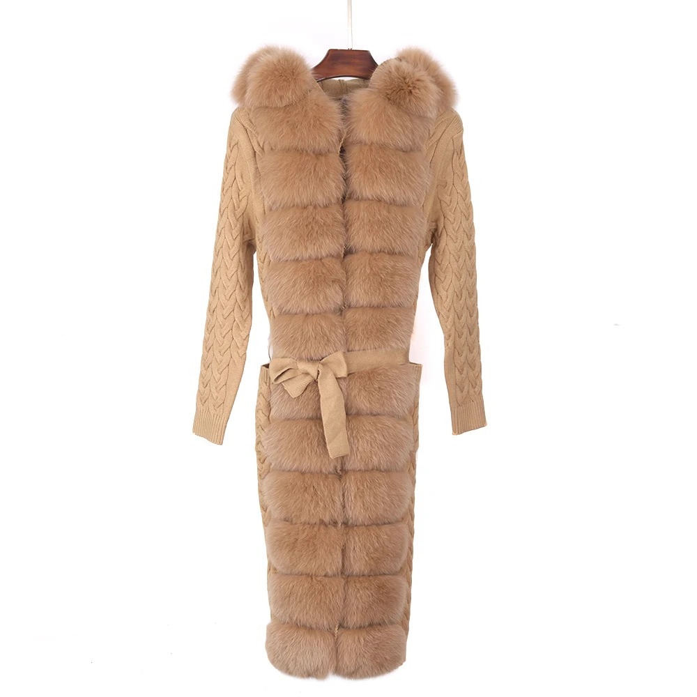 Women Natural Raccoon Bigest Real Fox Fur Hooded Fluffy Cardigan Sweater  X-Long 105-110cm length women real fox fur Coat enlarge