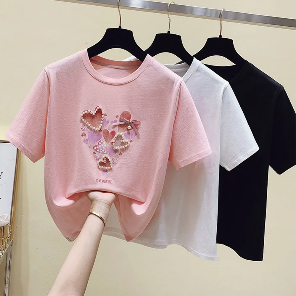 

Summer Pink Heart Pattern Beads T shirt Women Tops White Tshirt Women Korean Clothes Short Sleeve Casual Tee shirt Femme