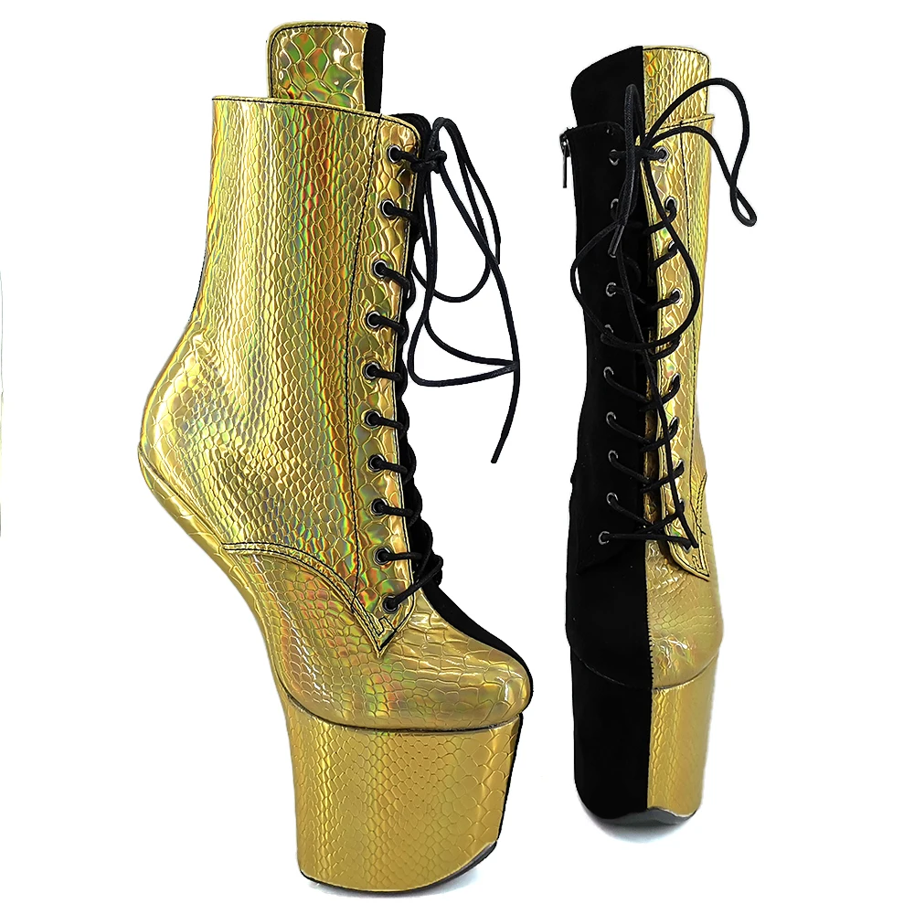 Leecabe Green Snake PU with suede  Upper Platform Ankle Boots Sexy Exotic heelless pole dance shoes