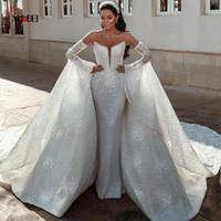 vestidos de novia 2022 strapless mermaid wedding dresses sparkly detachable sleeves court train celebrity bridal robe bling