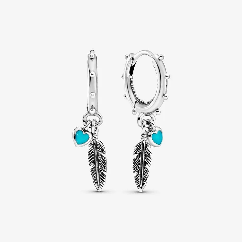 

Authentic S925 Sterling Silver Blue-green Love And Feather Ring Hook Earrings Women's Fashion Silver Earrings Jewelry Gifts