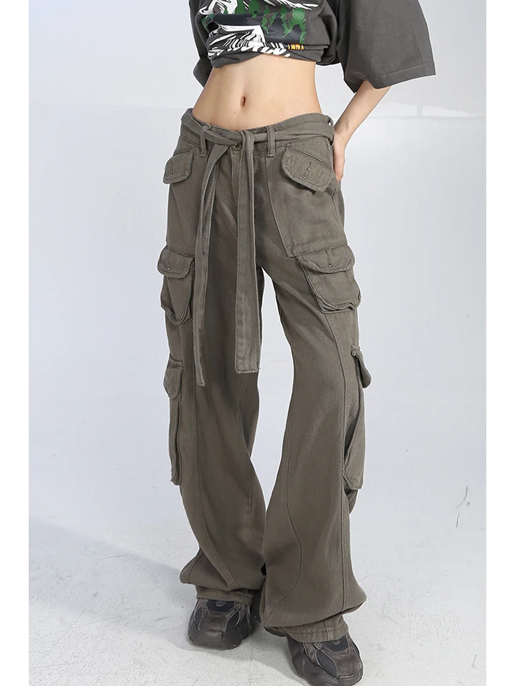 

Grey Vintage Cargo Jean Pants High Waist 2022 Summer Wide Leg Denim Trouser Baggy Street Chic Design Ladies Woman's Cargo Jeans