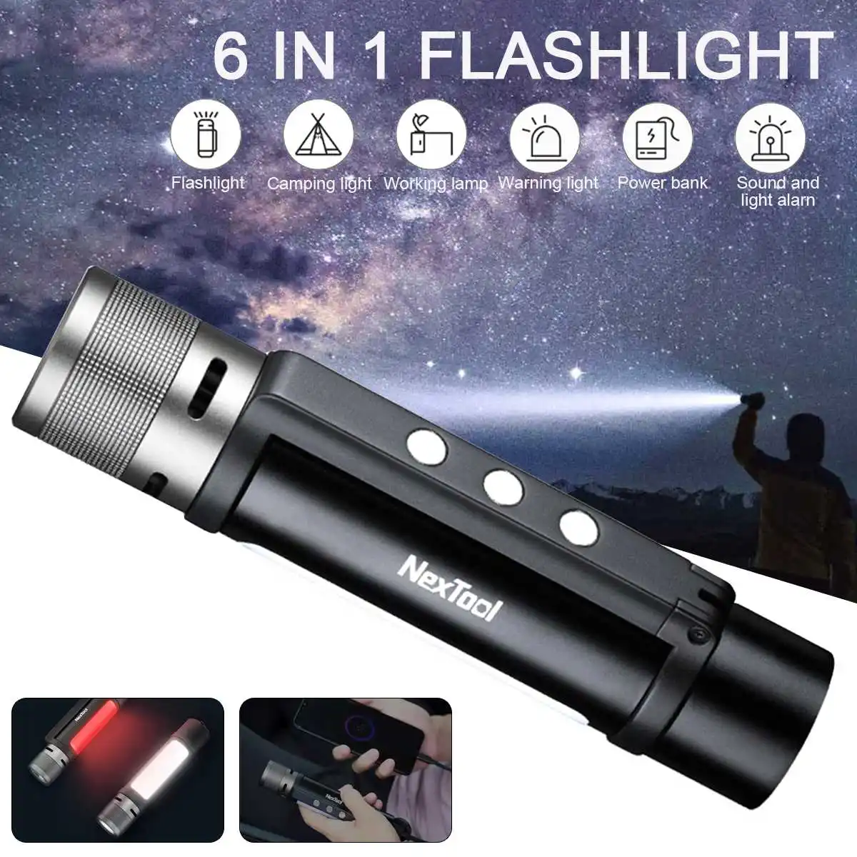 

NEXTOOL 6-in-1 1000lm Zoomable Alarm Led Flashlight USB-C Rechargeable Magnetic Torch Camping Working Light Emergency Lamp