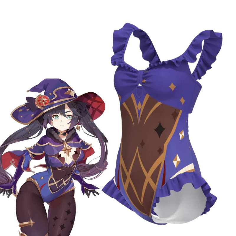 

Anime Game Genshin Impact Fanart Mona Swimsuit Cosplay Costume Earrings Summertime Dress Sukumizu Mona Swimwear Bikini Suit