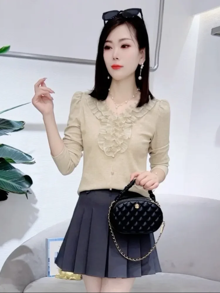 Вязаная женская футболка с длинными рукавами во французском стиле новая