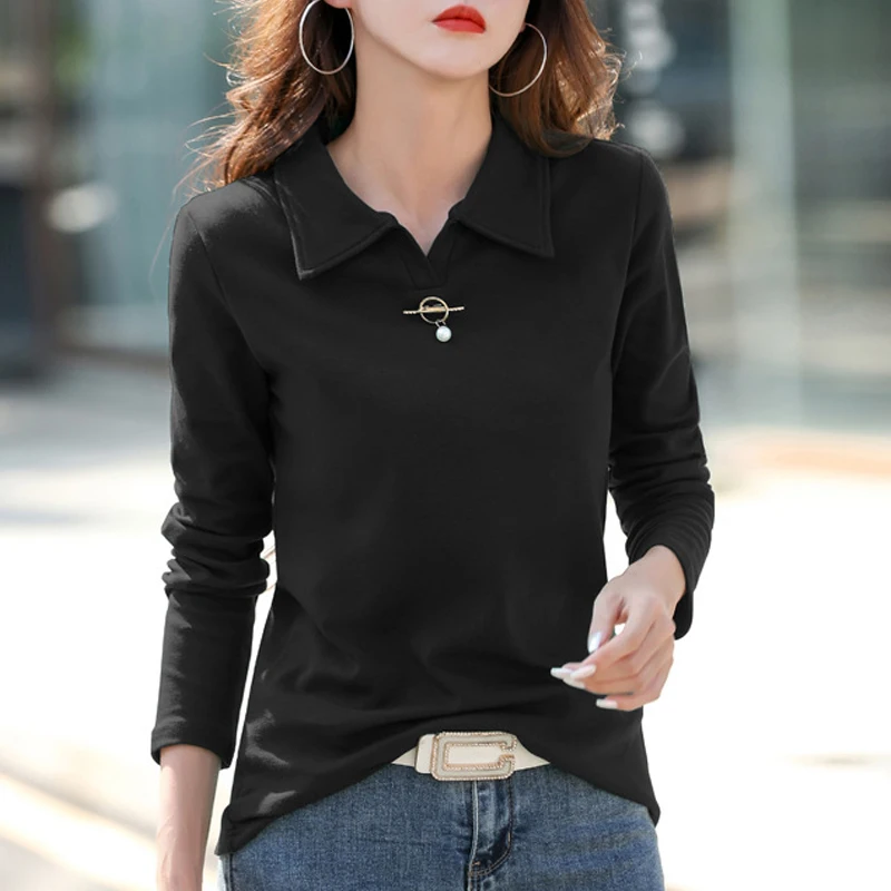 

HI-FASHION Women Cotton Polo Shirts Korean Casual Long Sleeve Slim T-Shirt Autumn Female Green Lapel Top Tees Mujer Blusas