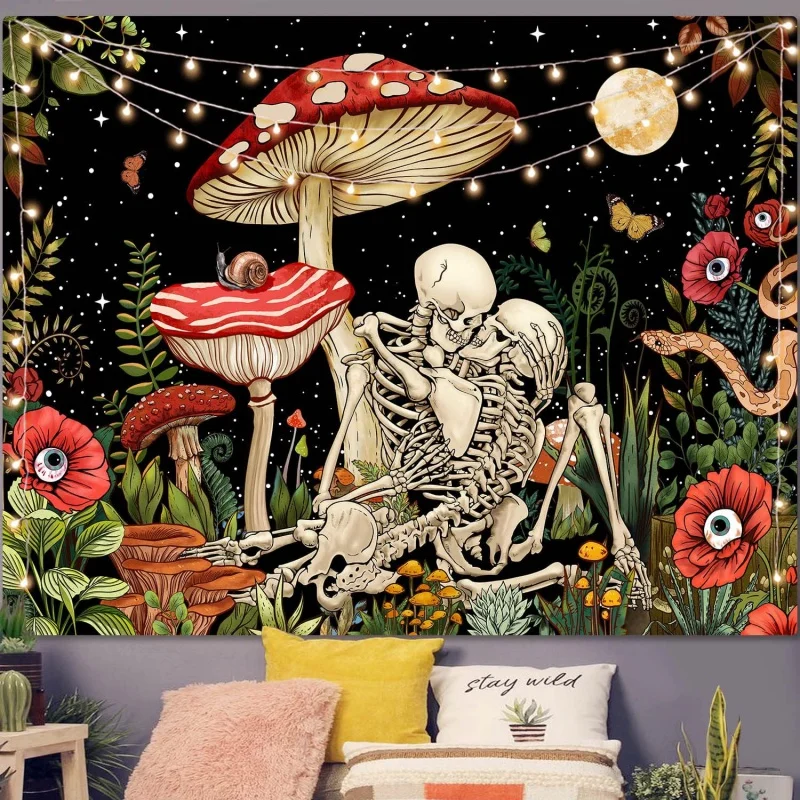 

Mushroom Skull Tapestry Skeleton Floral Plant Flower Aesthetic Bedroom Tapestries Nature Moon Wall Tapestry for Dorm Living Room