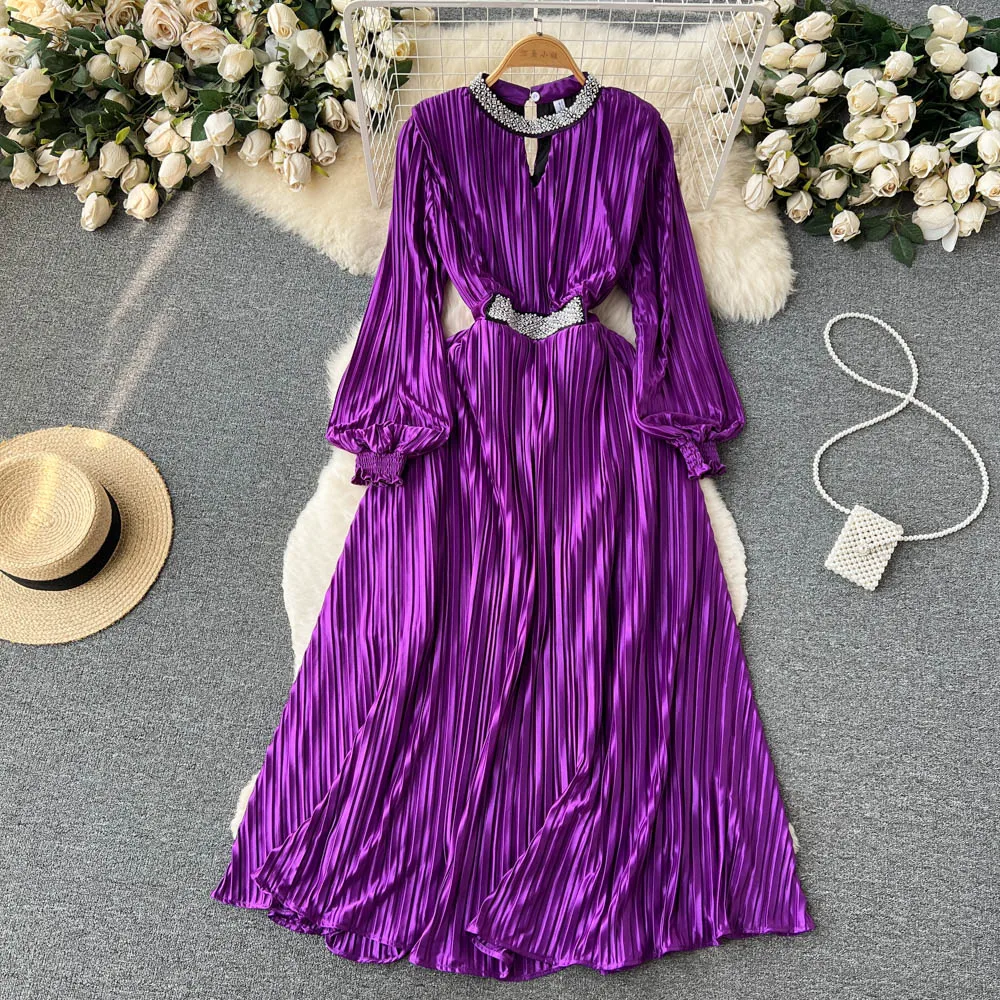 French  Spring Autumn Long-sleeved Pleated Dress Women's New Fashion Vintage Elegant Satin Clothes Vestidos De Mujer J481