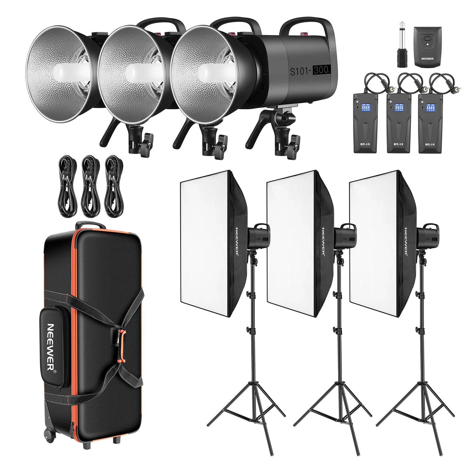 

NEEWER Upgraded 900W Studio Strobe Flash Kit: 3xS101 300W Monolight GN58, 3xLight Stand, 3xSoftbox, 1xRT-16 Transmitter