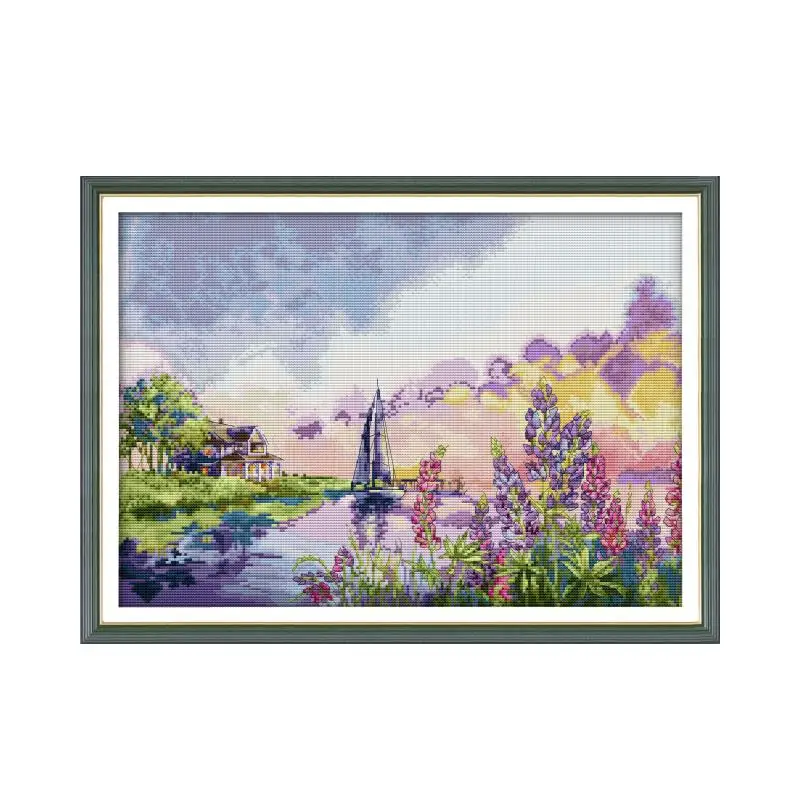 

Purple Romantic Landscape Pattern Cross Stitch Kits 14CT 11CT Count Stamped Canvas Fabric Embroidery Sewing Set DIY Home Decor